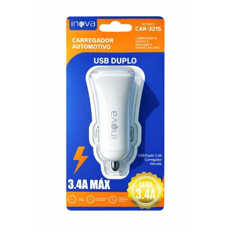 Carregador Para Celular Veicular Carro Fonte 2 Entradas USB Turbo Rápido Branco