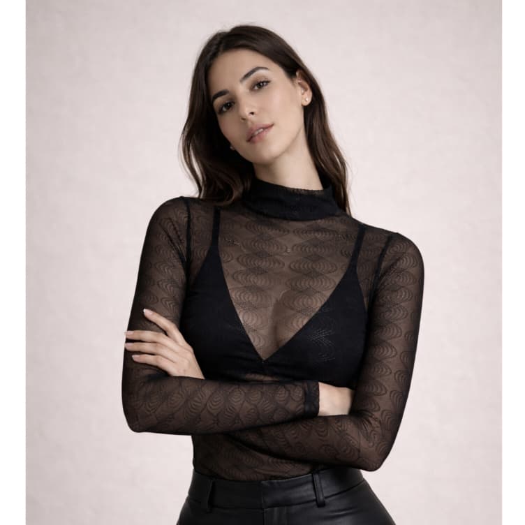 Body de Tule Jacquard Feminina Manga Longa Gola Alta