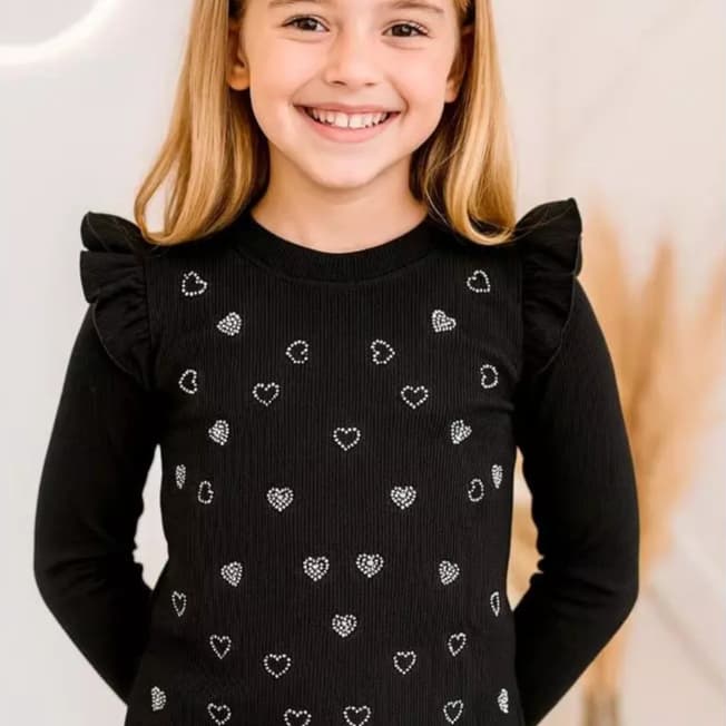 Blusa Infantil feminina manga longa menina tendência inverno Frio Coração Meia Estação Comprida Blogueirinha Brilho