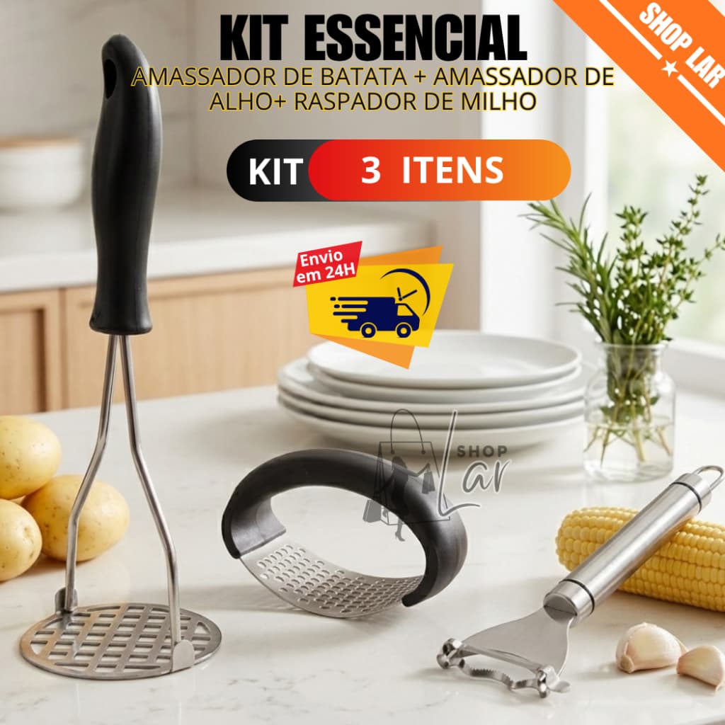 Kit  Utensílios Para Cozinha Inox Triturador de Alho e Amassador de Batata Espremedor  Raspador