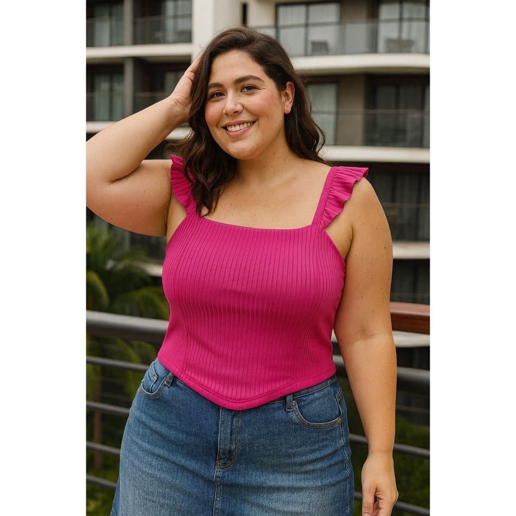 Blusa Feminina Cropped Plus Size Iza Alça Tecido Canelado Suave Casual e Elegante