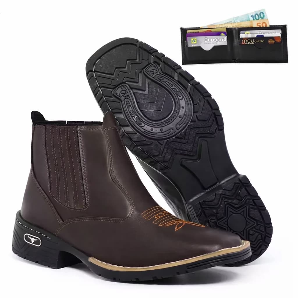 Botina Texana Masculina Bico Quadrado Bordada Reforçada Rodeio ENVIO IMEDIATO + CARTEIRA