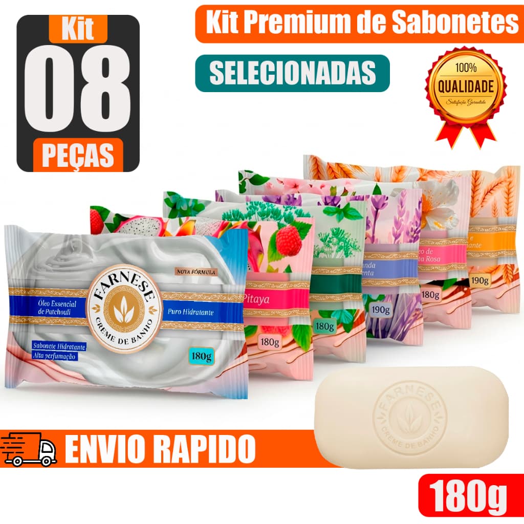 Kit 08 Sabonetes Farnese 180gr - Oléo Essencial Hidratante e Aromas Diferentes