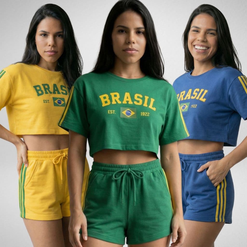 Conjunto Feminino Brasil Short e Cropped Listrado Moletom Moletinho com Bolso