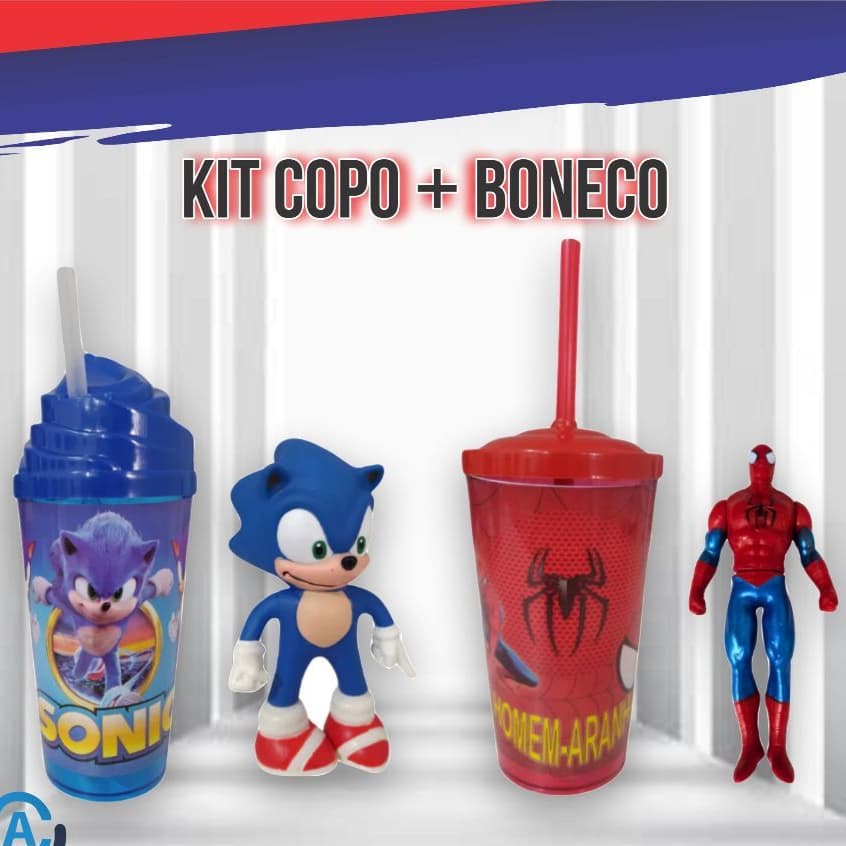 Kit Copo com Canudo Boneco Personagem Infantil Criança Menino Menina