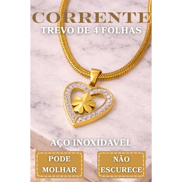 Colar Pingente Trevo de 4 Folhas Aço Inoxidavel Premium Feminino Laminado Dourado |  Pode Molhar