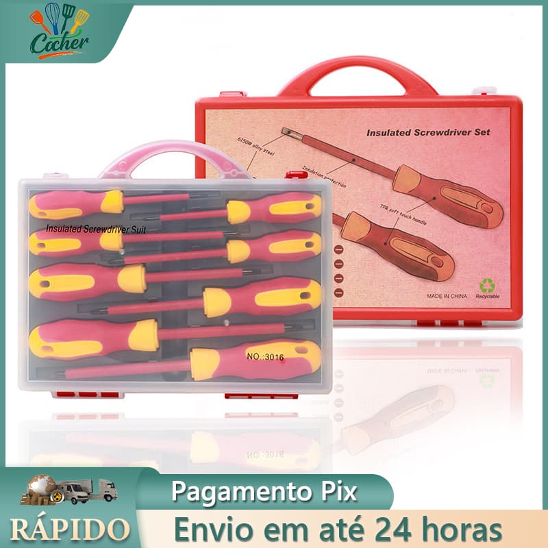 Conjunto de Ferramenta de Chaves Fenda e Philips 8 peças Cabo e Haste isolado