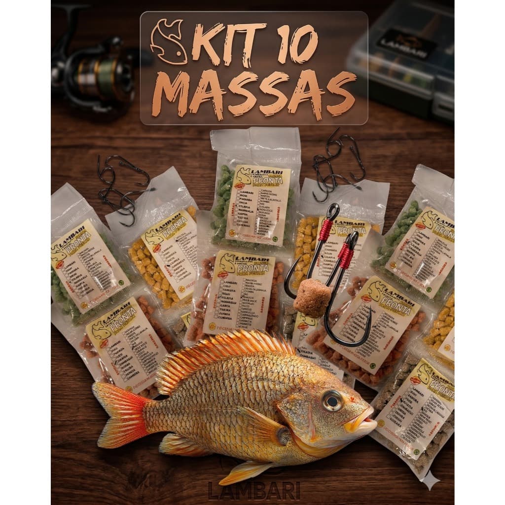 KIT 10 MASSAS ISCA ARTIFICIAL EM PÓ 100G SABORES PARA PESCA TILAPIA LAMBARI CARPA PACU
