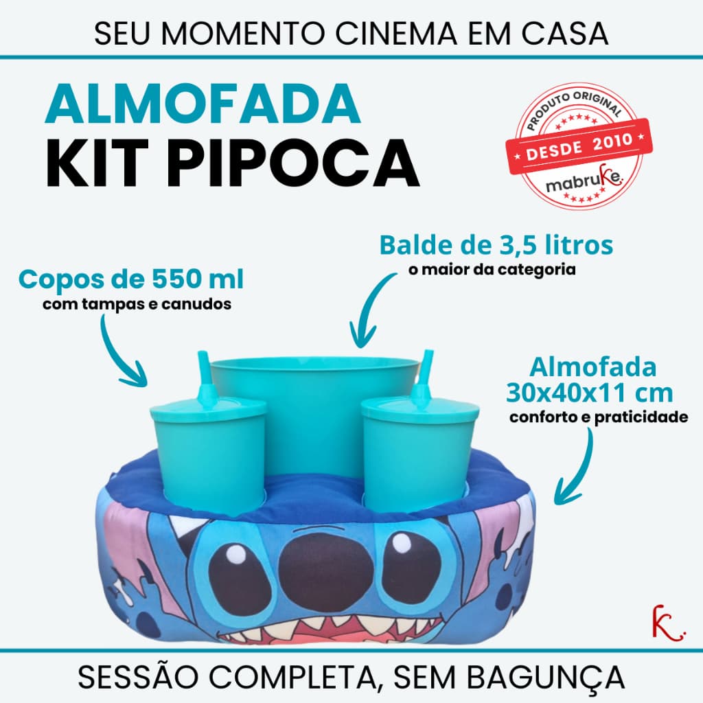🍿Kit Pipoca Duplo STITCH Mabruke – Presente Criativo para Namorados – Almofada Porta Copos + Balde Cinema em Casa