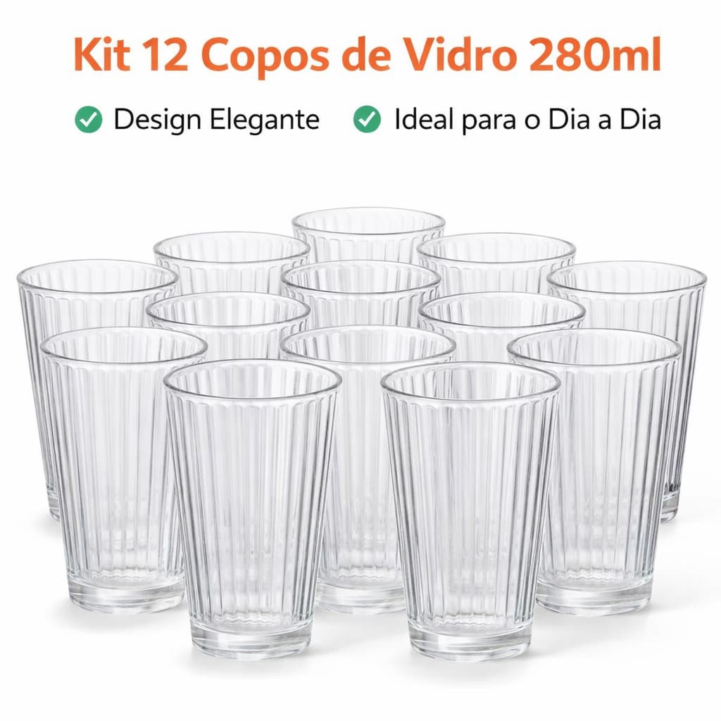 Kit 12 Copos de Vidro 280ml