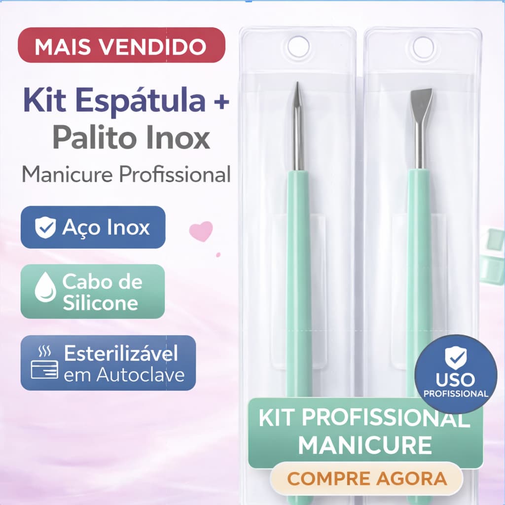 Kit Espátula e Palito Inox Manicure Profissional Cabo Silicone Esterilizável Uso em Autoclave