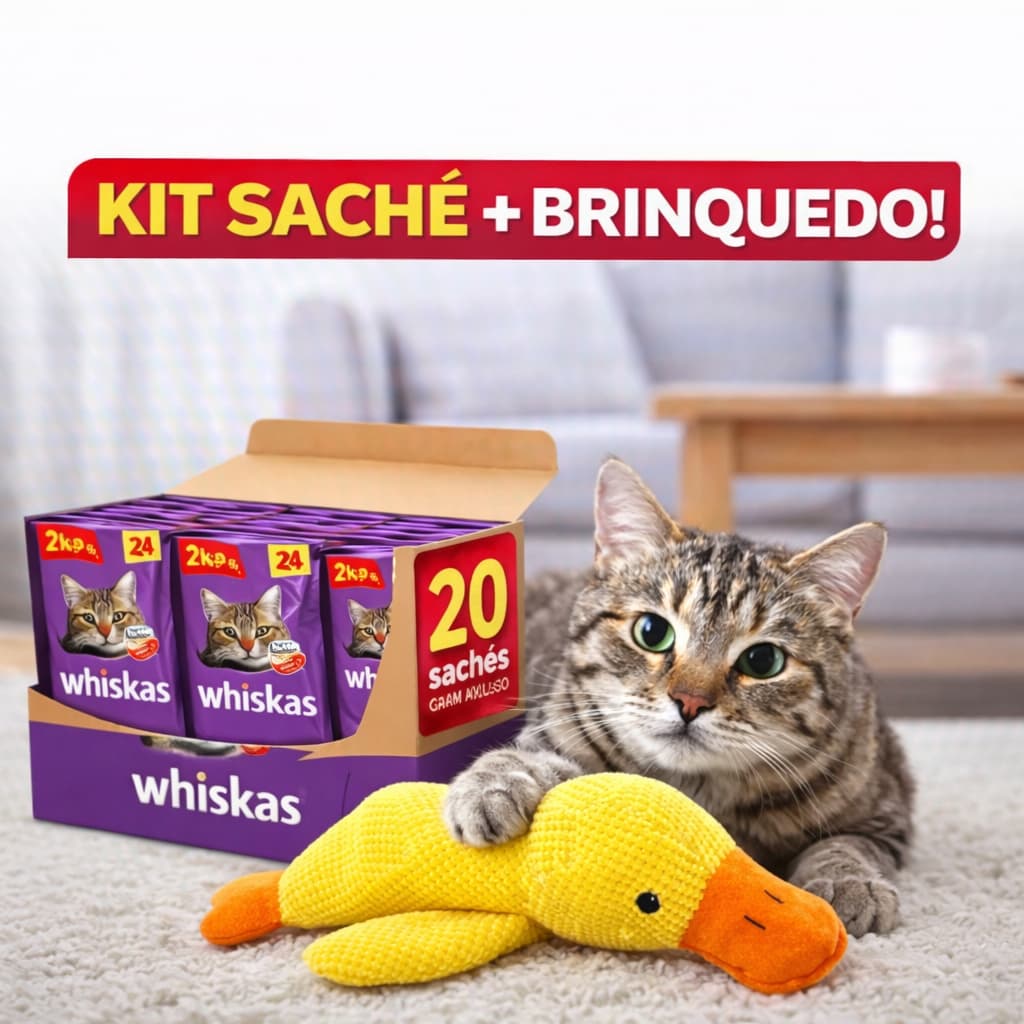 Whiskas Sachê Carne Ao Molho + Pato Pelucia Kit Exclusivo - Alimentação Mais Diversão Para Seu Pet