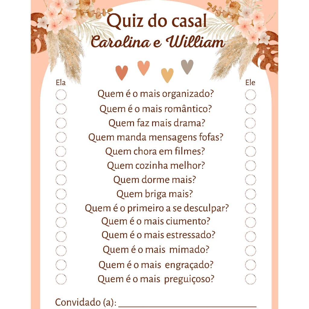 Quiz do Casal - Brincadeira para Chá de Panela/ Noivado / Festa - Brincadeira Quiz do Casal