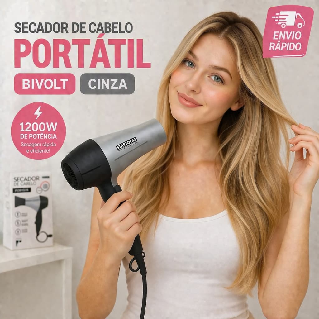 Secador de Cabelo Portátil Bivolt 1200W Compacto Viagem Leve Rápido 2 Velocidades Profissional