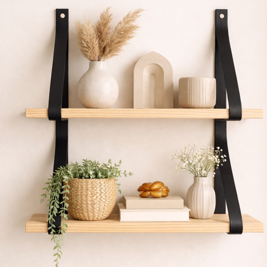 Prateleira Suspensa Couro Pinus Kit 2 Nichos Decorativos Parede Sala Quarto  Moderna Minimalista vários tamanhos
