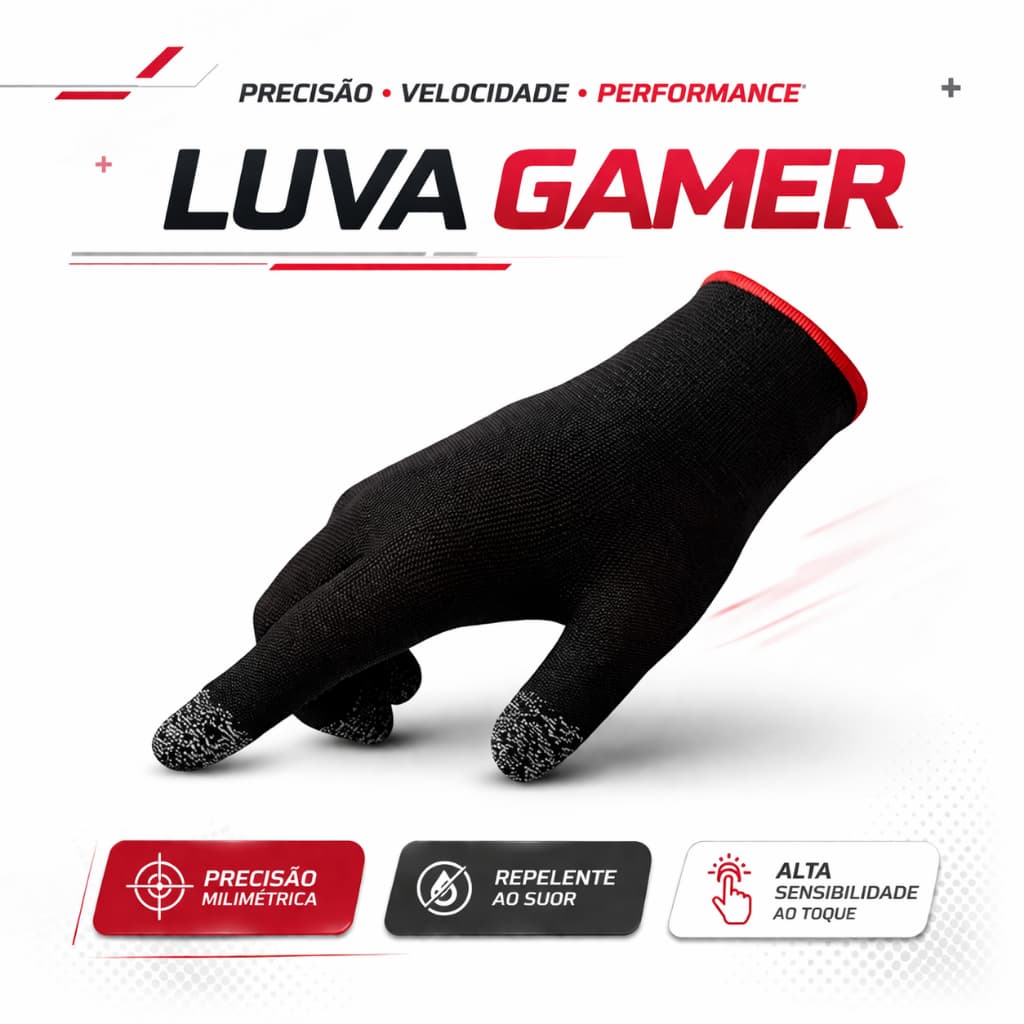 Luva Gamer Soft Touch Fibra de PRATA Anti Suor Alta Sensibilidade Free Fire PUBG COD Mobile FPS
