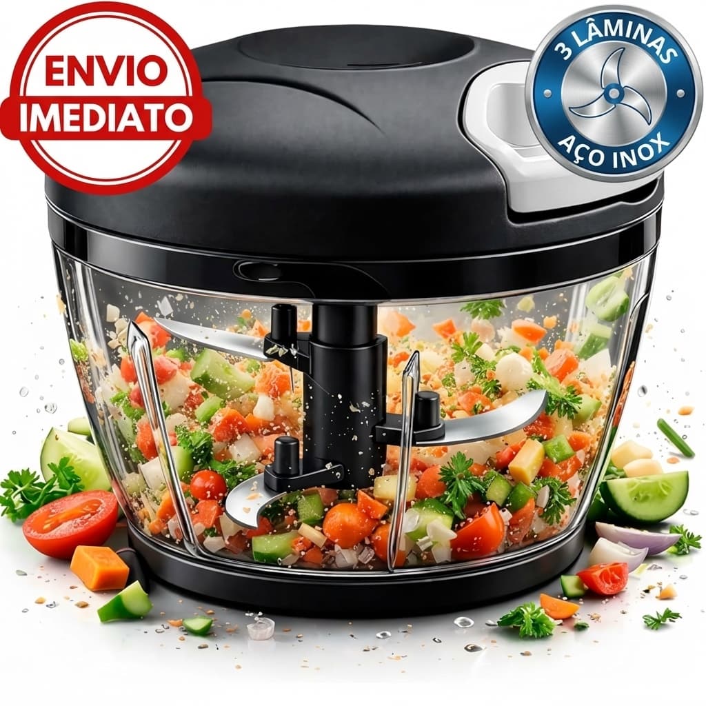 Mini Processador de Alimentos Manual 500ml - 3 Lâminas em Aço Inox Premium - Triturador de Alho