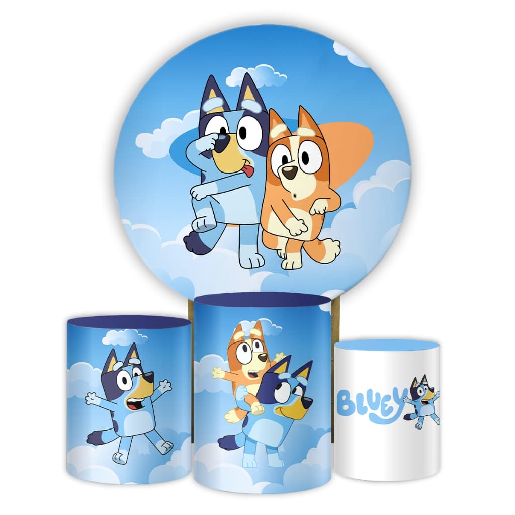 Capas Decoração Painel Redondo e Cilindros Festa Infantil Tema Bluey Veste Fácil