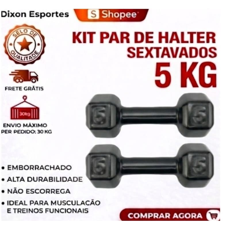 Par Halter 5kg Sextavado Emborrachado (2×5kg) Musculação Academia Envio Imediato