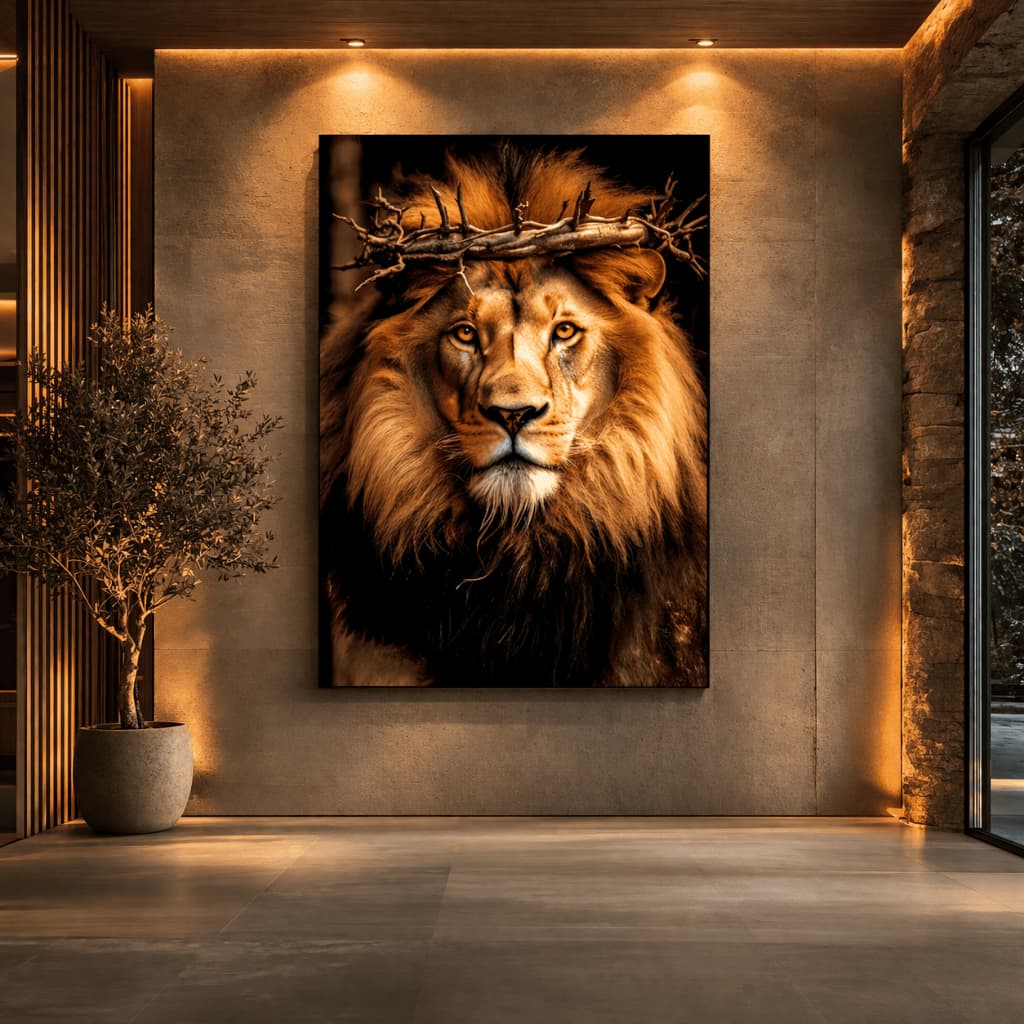 Quadro Decorativo Leão Rei Majestoso Com Coroa De Espinhos Arte Luxo Escandinavo Minimalista 110x70