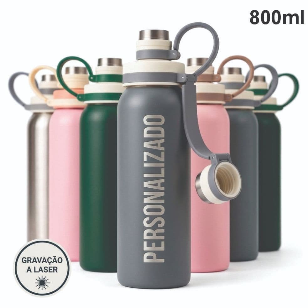 Garrafa PERSONALIZADA Inox 800ML Premium Academia Treino Cores Variadas