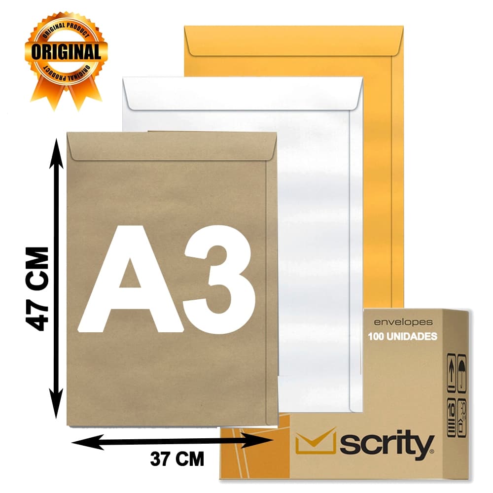 Envelope A3 Scrity 370X470 mm Caixa Com 100 Unidades Pardo, Branco e Ouro Tamanho Grande
