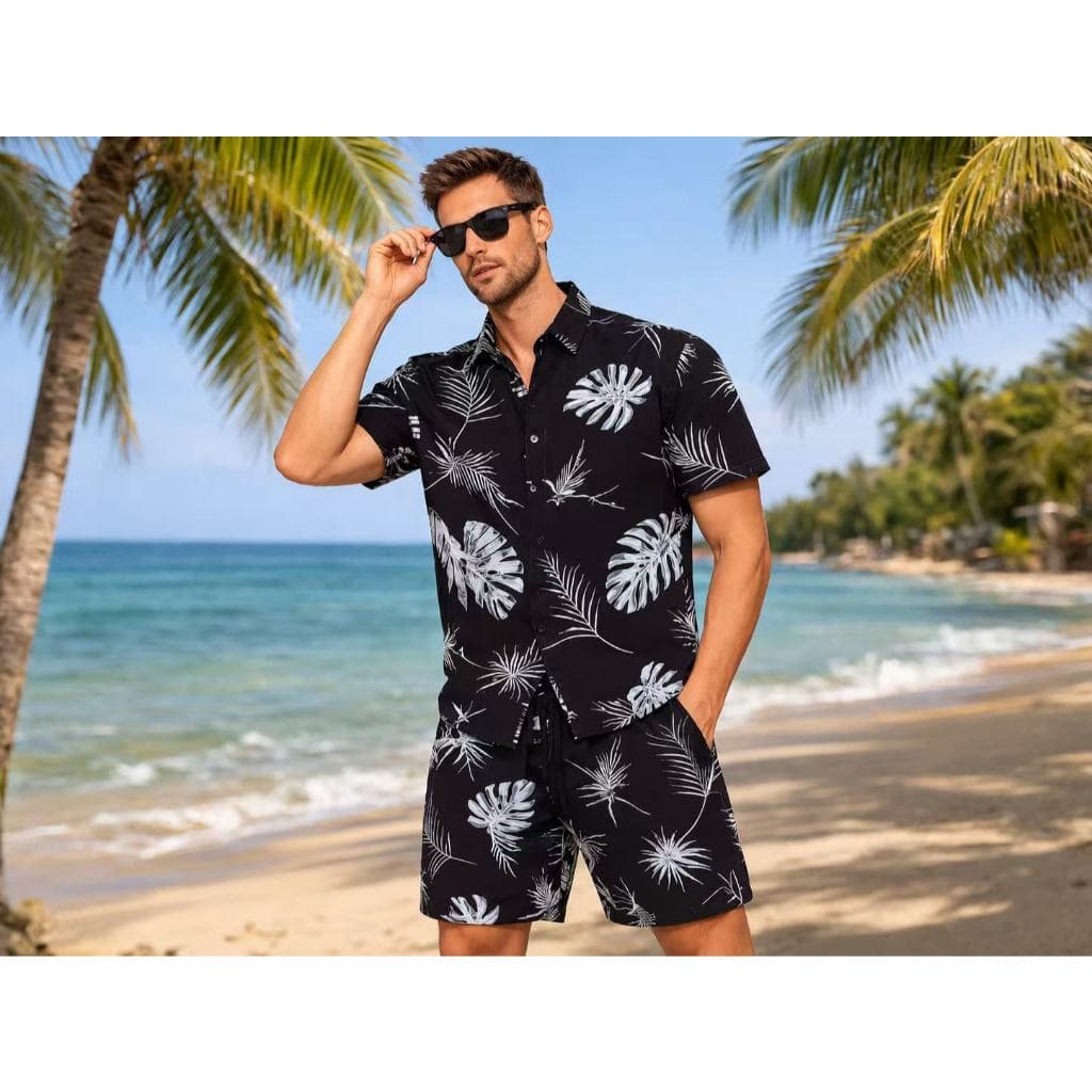 Camisa e shorts estampados havaianos para homens, estilo casual