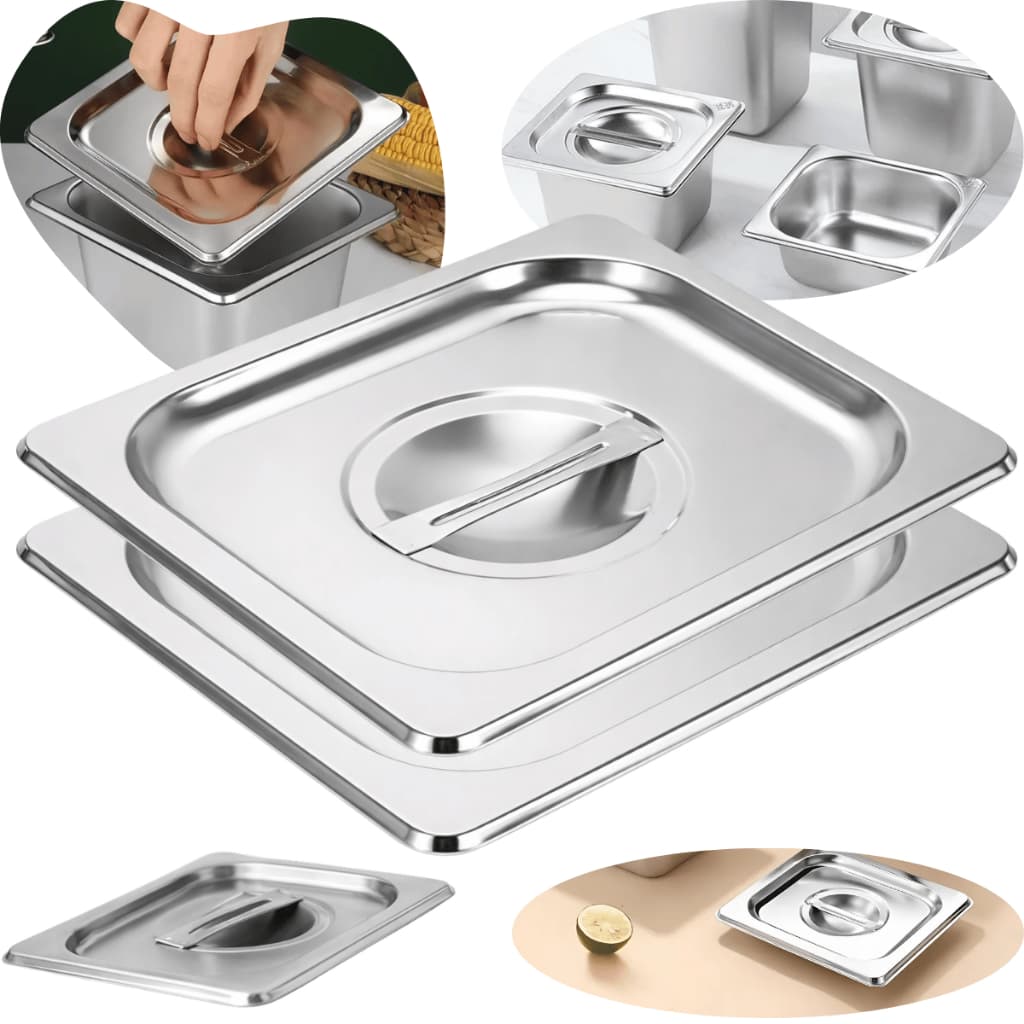 2 Tampas Cuba Gastronômica Aço Inox 1/6 - 17,5x16,5cm Proteger Cobrir Alimentos Manter Temperatura