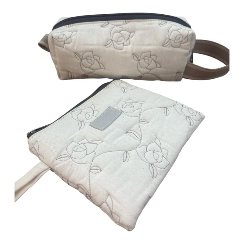 Kit Necessaire + Carteira de Mão Feminina Tecido Bordado linhosrtesanal com Zíper Elegante
