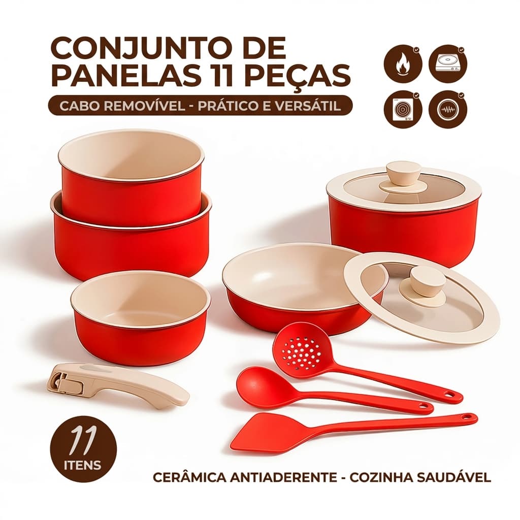 Jogo de Panelas Cerâmica Premium Cabo Removível Inteligente 11 Peças – Indução, Forno e Mesa (Livre de Tóxicos)
