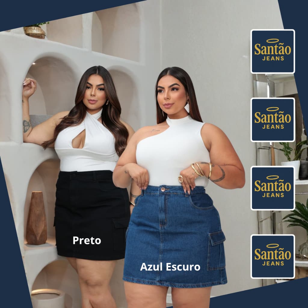 Kit 2 Saias Jeans Cargo Feminina Plus Size Com Bolso Lateral Cintura Alta Confortável 46 ao 54