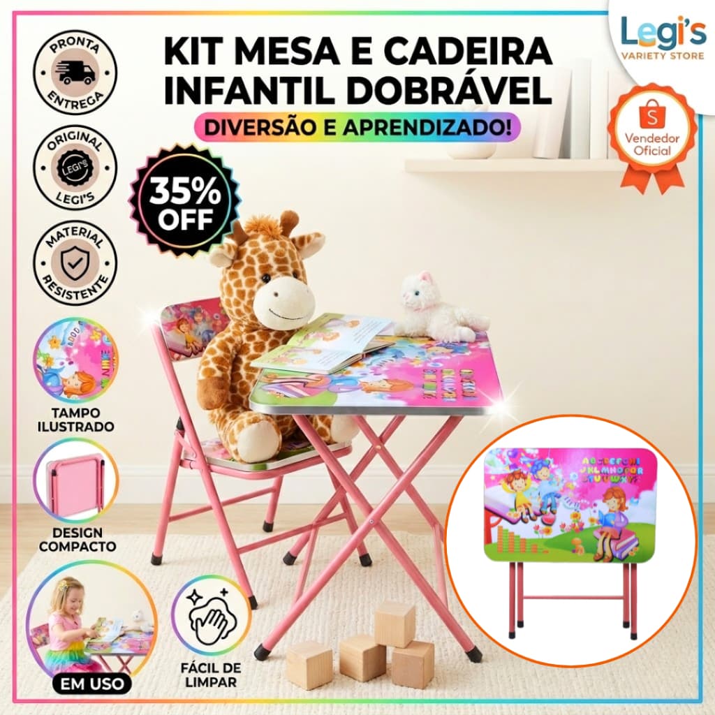 Conjunto Infantil Mesa e Cadeira Dobrável – Ideal para Atividades e Presente