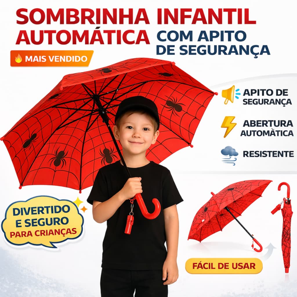 Guarda-Chuva Infantil Aranha Automático com Apito Reforçado para Menino e Menina