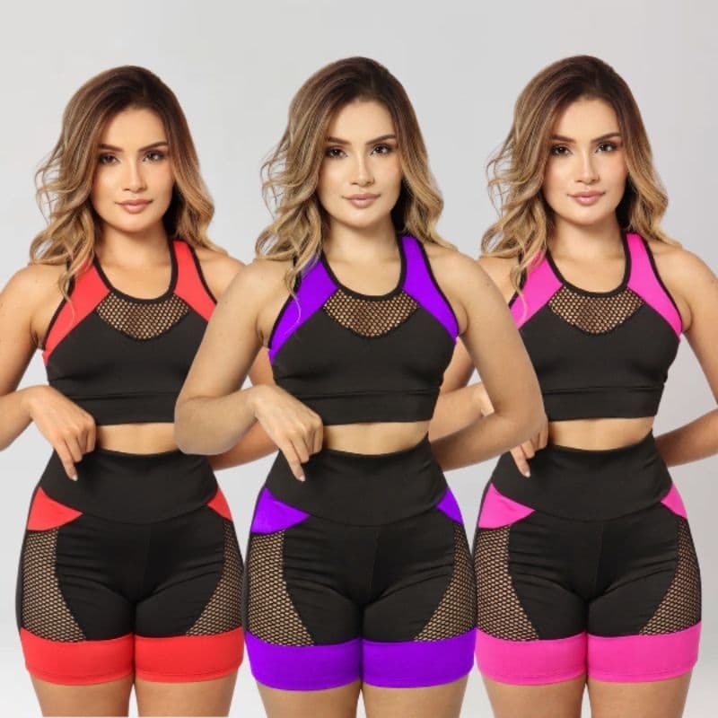 Conjunto Moda Fitness Feminina Short e Top Nadador Cós Alto e Duplo Detalhes Moderno Com Tela Academia