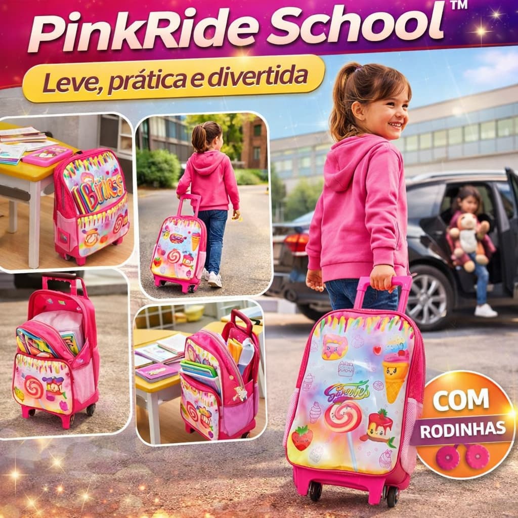 Mochila Infantil Rodinhas Escolar Rosa PinkRide School Menina Resistente Leve Com Puxador