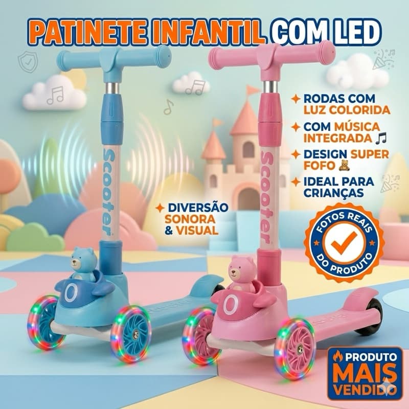 Patinete Infantil 3 Rodas LED Com Luz Rodinhas Ajustável Scooter Criança Azul Rosa com música