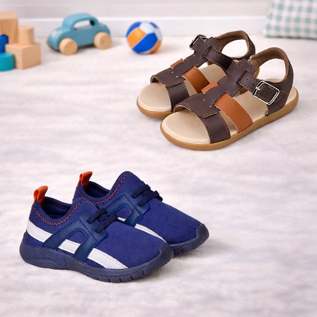 Kit Tenis Infantil Calce Facil Menino e Sandalia Papete Fivela Conforto Antiderrapante