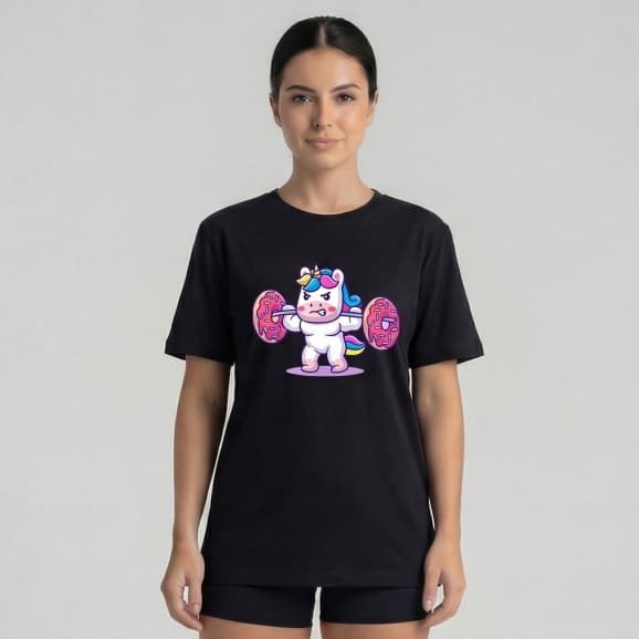 Camiseta Feminina de Algodão Premium com Estampa Unicórnio Halterofilista