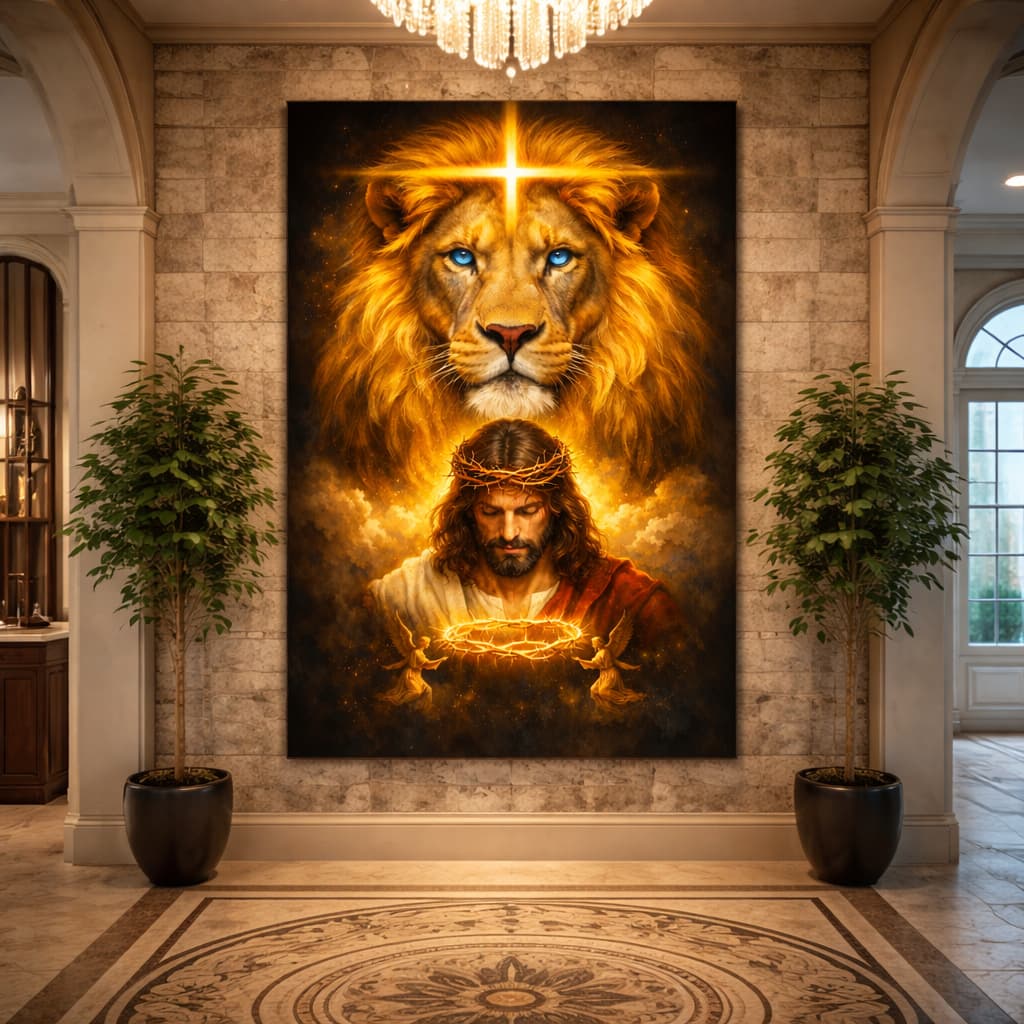 Quadro Decorativo Jesus Cristo Sobre Olhar e Proteção De Leão Judá Arte Sacra Minimalista Etérea