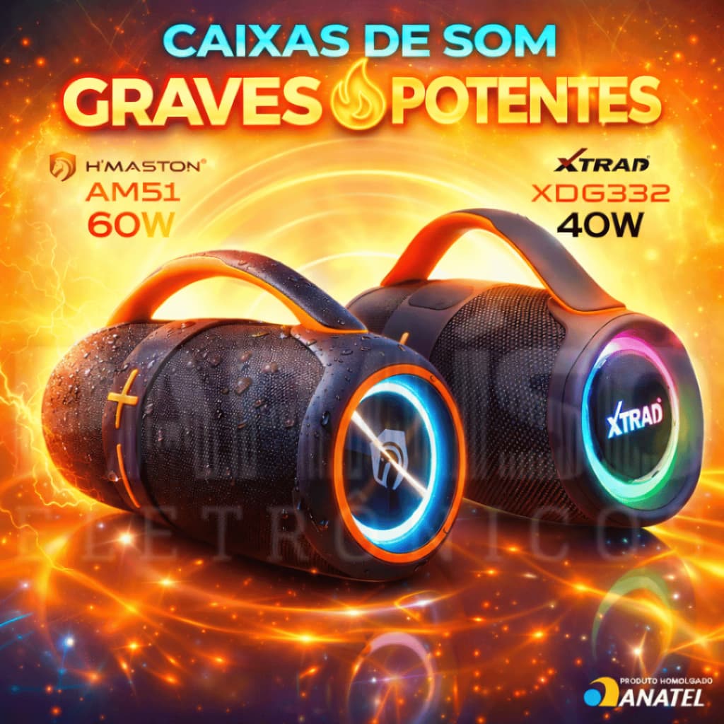 Caixa de Som GRANDE Bluetooth 60W/40W ALTO FALANTE GRAVE POTENTE Prova d'Água TWS Rádio FM