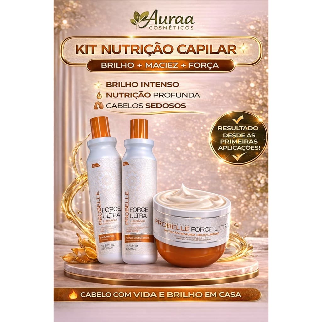 Kit Probelle Force Ultra Shampoo + Condicionador 400ml + Máscara 300g | Nutrição Capilar Brilho Intenso Cabelos Macios