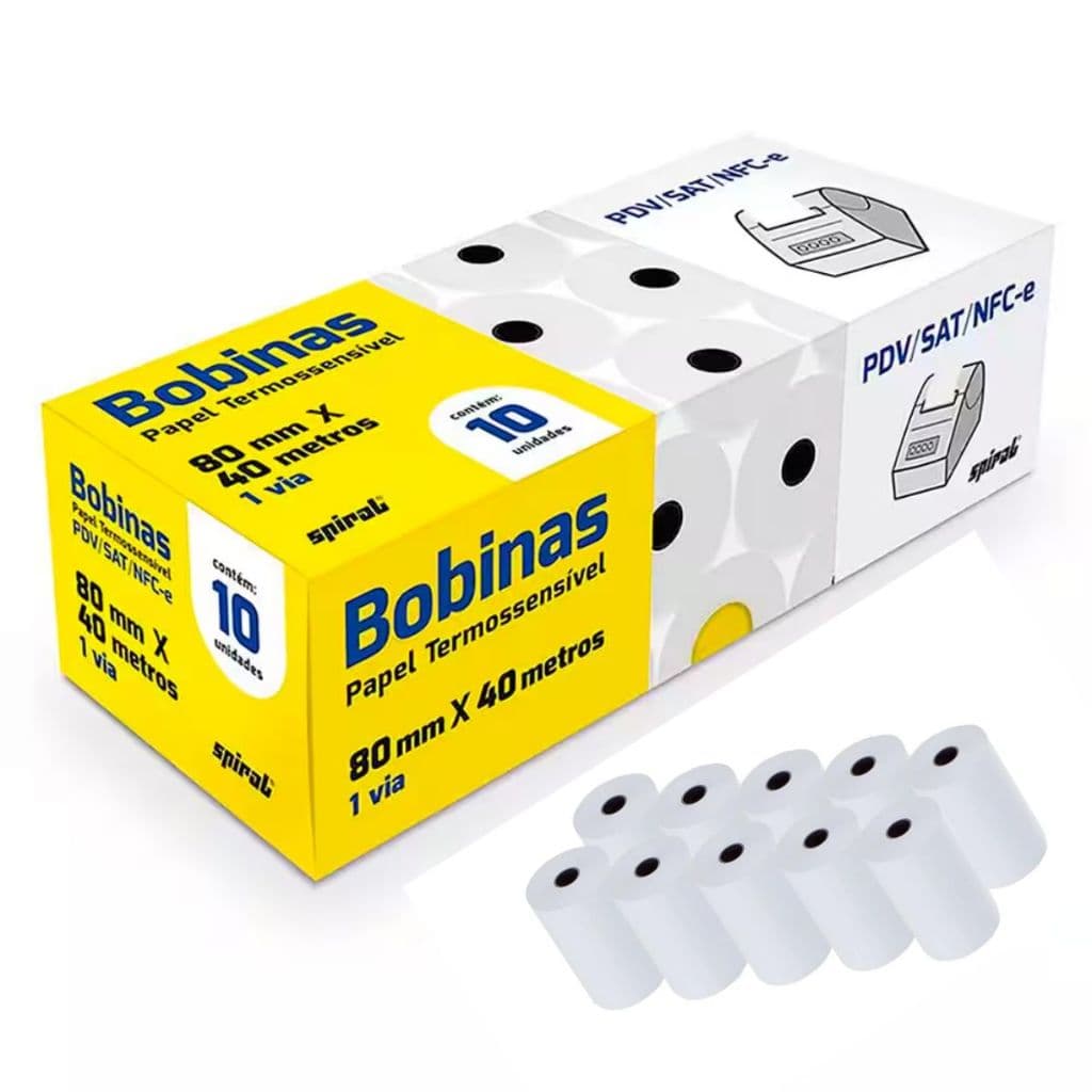 10 Bobinas Térmica Para Sat Pdv Nfc Spiral Original 1 Via 80mm X 40m Cor Branco