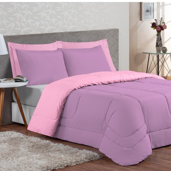 Kit Edredom Ternura Casal Queen 6 Peça  Dupla Face Luxo rosa/lilás