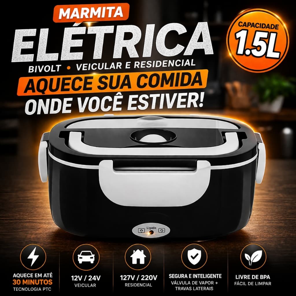 Marmita Elétrica 1,5L Bivolt Veicular e Residencial 12V 24V 110V 220V Portátil Aquece Comida
