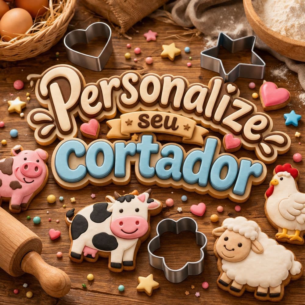 PERSONALIZE SEU KIT DE CORTADORES DE BISCOITO | 5 CORTADORES + CARIMBO | QUALQUER TEMA