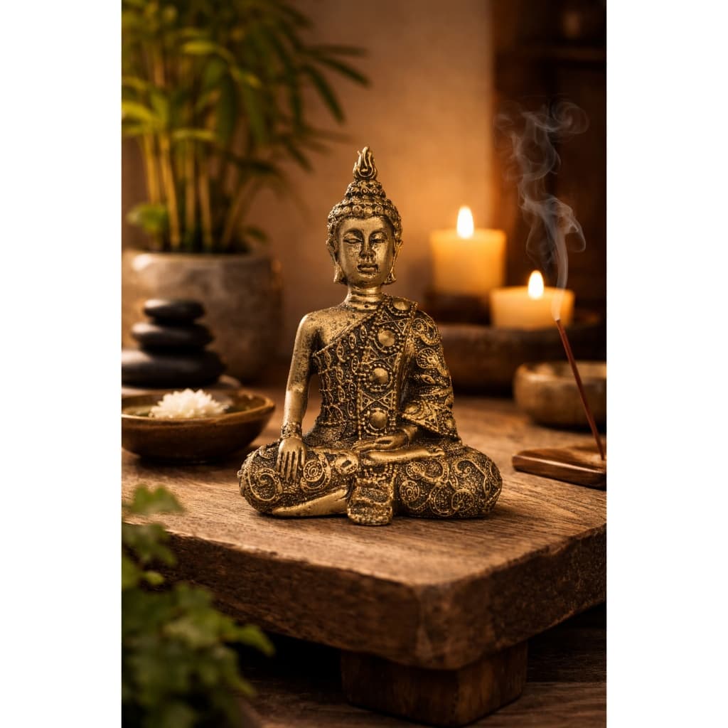 Buda Hindu Tibetano Meditando Dourado em Resina – Estátua Decorativa Zen Prosperidade e Harmonia
