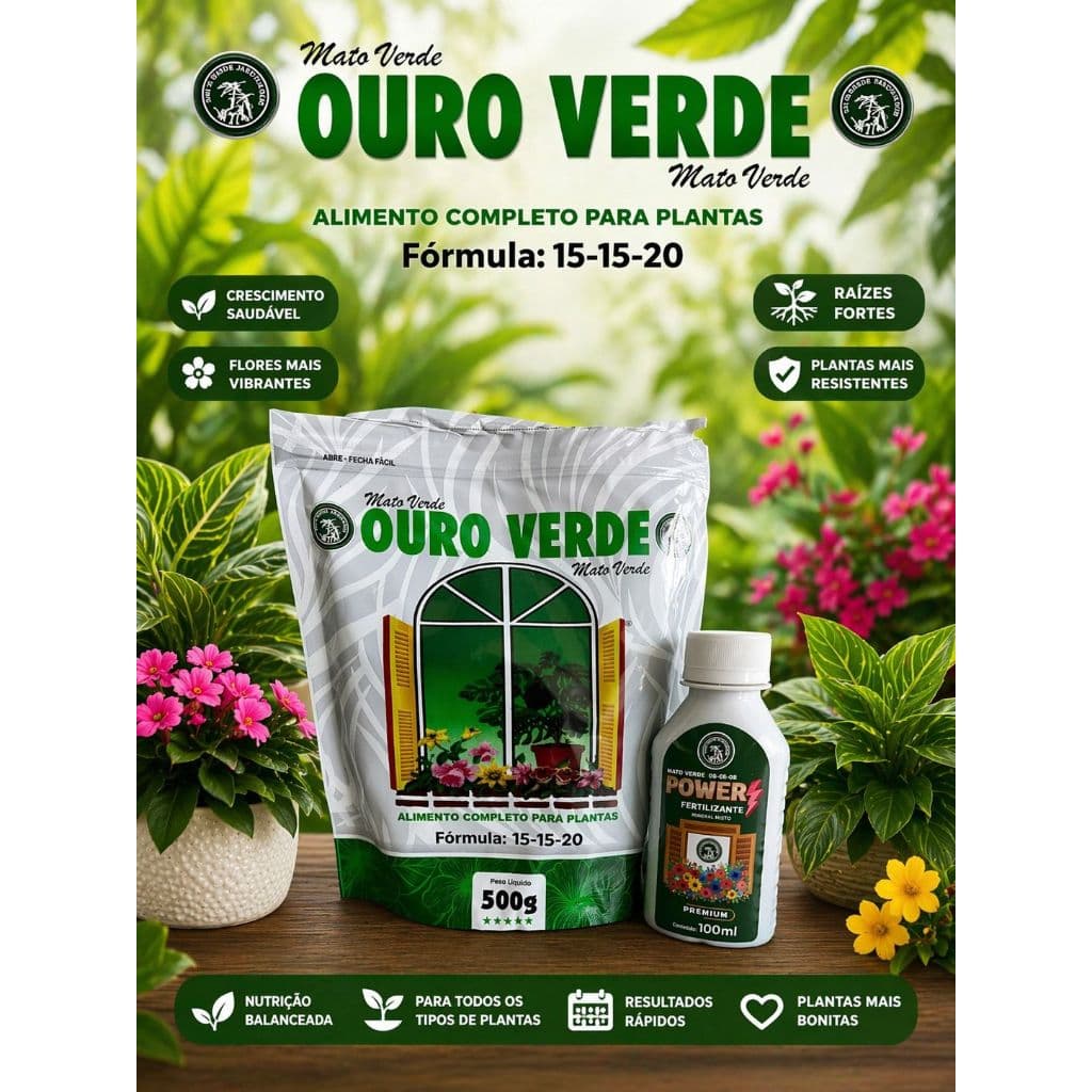 Fertilizante Ouro Verde 15-15-20 500g  e Power Fertilizante misto 100ml  kit 1 un cada