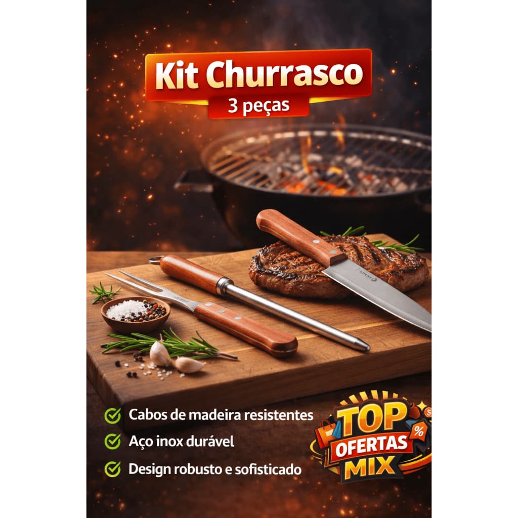 Kit churrasco 3 peças faca garfo chaira amolador inox cabo madeira completo Para Achadinho