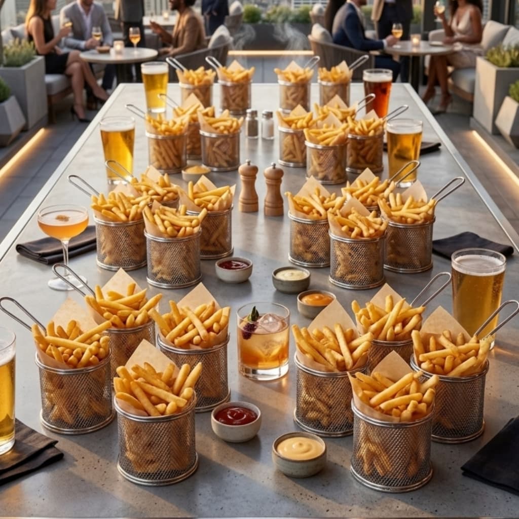 Mini Cestinhas Para Servir Porções De Petiscos Batatas Fritas Onion Ring Frango Salgados Gourmet