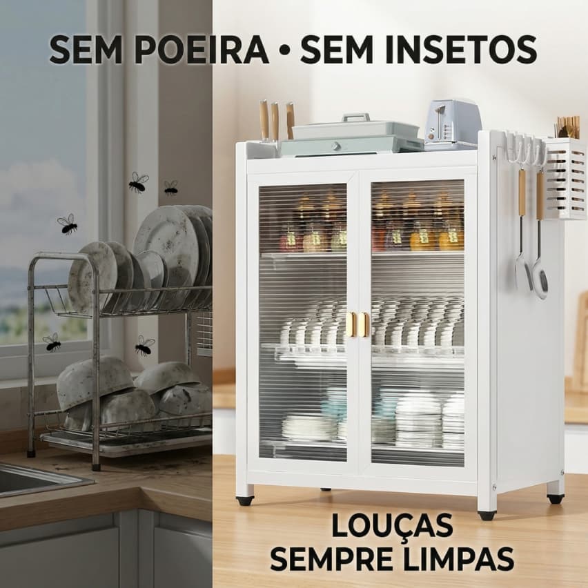 Armário Escorredor de Louças com Porta Anti Poeira e Insetos 3 Andares Organizador de Cozinha com Bandeja de Água L57cm